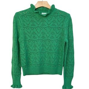 Sundance Bertina Green Sweater Ruffle Mock Neck and Cuffs Petite Medium